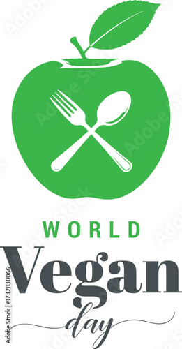Green apple with fork and spoon, celebrating World Vegan Day. EPS-10.