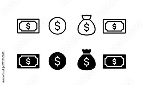 Minimalistic money icons: currency symbols and cash in outline and solid styles