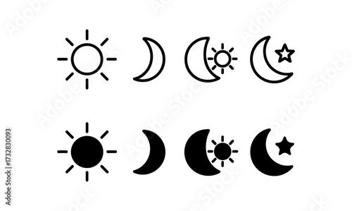 Minimalist sun and moon icons set for day and night themes