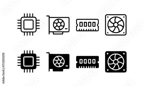 Minimalist icons of computer components including cpu, gpu, ram, and fan in black and white