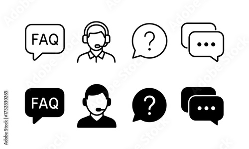 Customer support icons: faq, chat, and assistance symbols in linear style