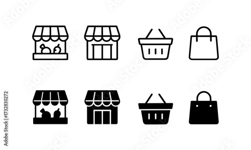 Market icon set in flat style featuring shopping baskets and storefronts