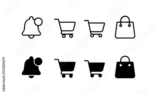 Minimalist shopping icons set: bell, cart, bag in outline and fill styles