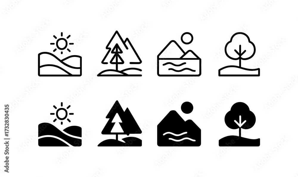 Obraz premium Minimalist nature icons: sun, mountain, tree, and waves in line and solid styles