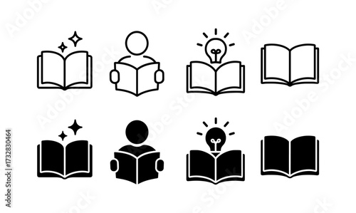 Minimalist icons of reading and books with people, light bulbs, and stars