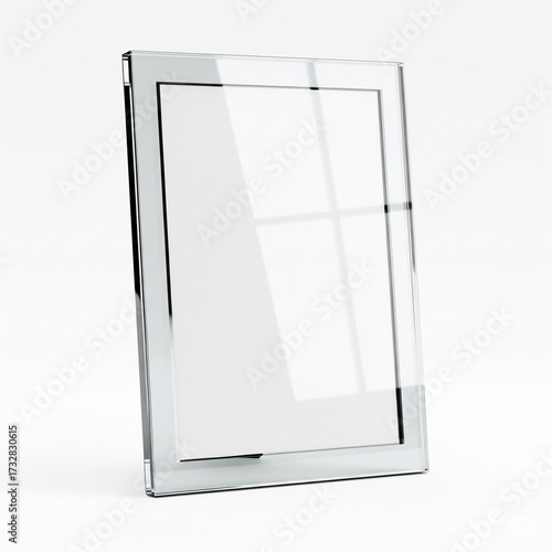 A clear, thick glass picture frame with a beveled edge, standing vertically.
