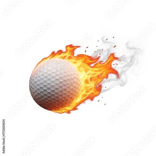 A white golf ball with dimples, engulfed in flames and smoke on a white background.