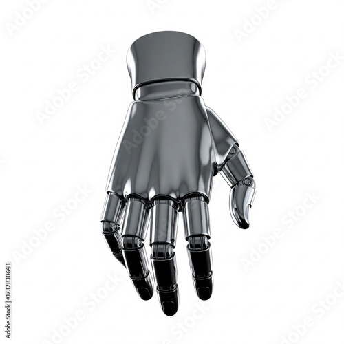 A sleek, metallic silver robotic hand or prosthetic with articulated fingers.