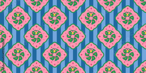 Seamless festive pattern with Christmas wreaths inside pink frames on a striped blue background. Bright retro holiday design for New Year wrapping paper, textiles, scrapbooking, and seasonal decor.