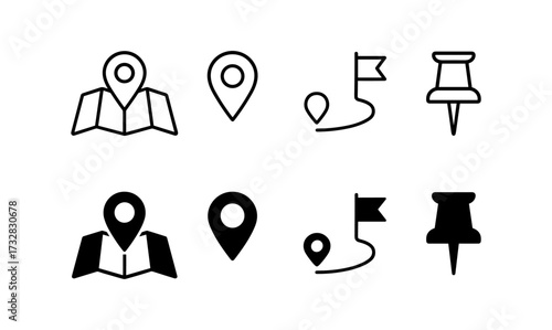 Minimalist map and location icons set: pin, flag, navigation, push pin