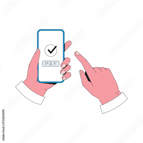 Online payment with phone. Male Hand with smartphone taping on the screen. Isolated in white