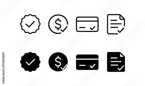 Minimalist check mark icons: finance, payment, document verification designs