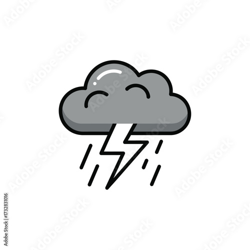 A stylized graphic representation of a stormy cloud with lightning and rain isolated on white background