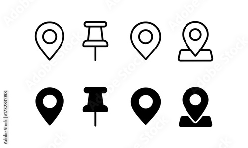 Minimalist location icons set: outline and filled styles for digital maps