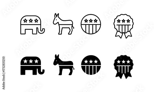 Political party icons set: elephant, donkey, badge line and solid styles