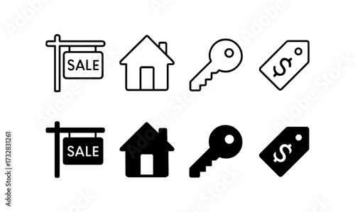 Real estate icons: house, key, sale sign, price tag in line and solid styles