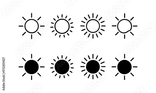 Set of simple sun icon designs in black and white with different styles
