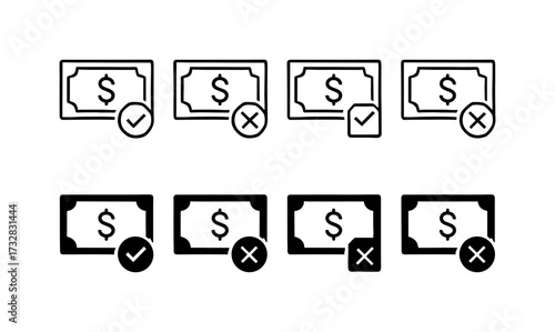 Minimalist currency icons with approval and rejection symbols