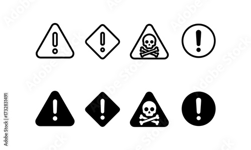 Warning symbols collection: exclamation marks and skull icons in black and white