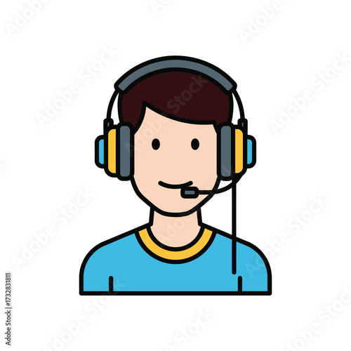 Stylized cartoon avatar of a young person wearing headphones with a microphone isolated on white background