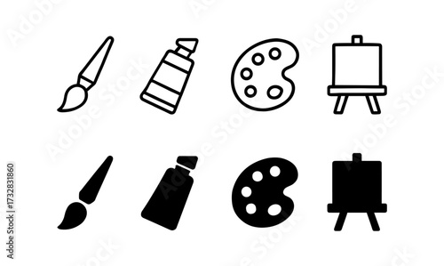 Art tools collection: brush, paint, palette, easel line icons set