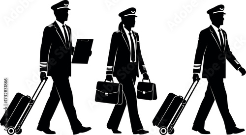 Airline pilots walking with luggage in uniform silhouette vector illustration for aviation, travel, transportation, crew, airport, and professional themes