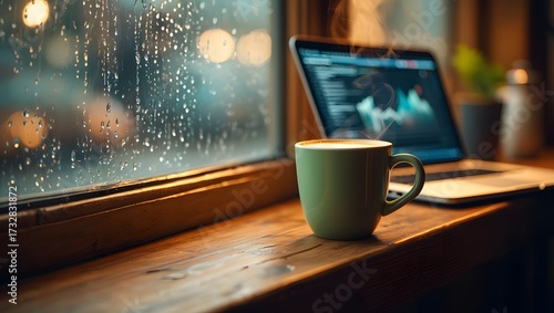 Cozy rainy day with laptop and coffee by the window