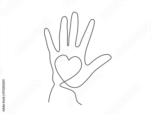Continuous one line of hand with heart. Raised hands volunteering vector concept one line. Hand drawn. Editable stroke	