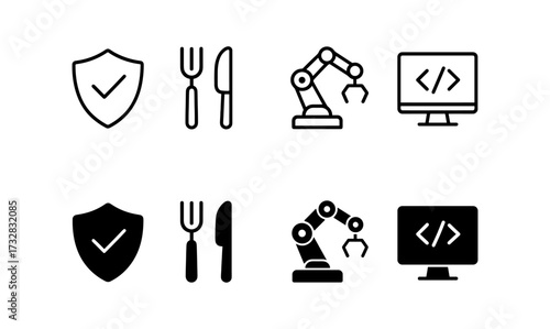 Technology and security icons set: robotics, cyber defense, and dining symbols in outline and filled styles