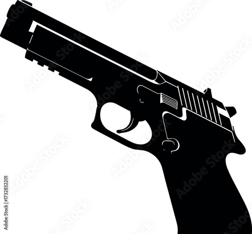 Black silhouette of semi-automatic handgun isolated on white background, firearm vector illustration for weapon safety, crime, and defense concepts.