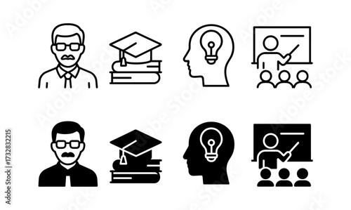 Education icons: scholar, graduation, idea, teaching in linear and silhouette styles