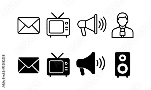 Communication icon set: envelope, tv, megaphone, news reporter, speaker in black and white line style