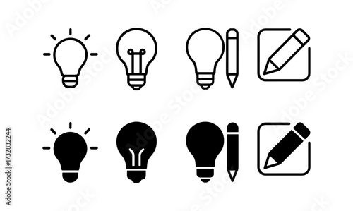 Minimalistic light bulb and pencil icons collection in outline and solid style
