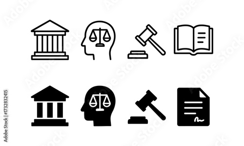 Legal and justice icons set: minimalistic black and white design