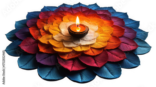 A lit diya lamp placed in the center of a colorful rangoli made of petals, isolated on transparent background