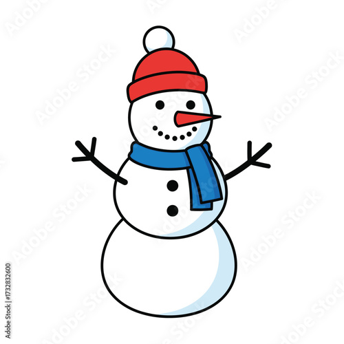 A cheerful cartoon snowman wearing a red hat and blue scarf isolated on white background