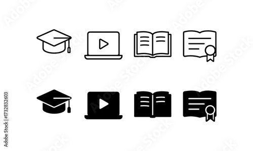 Education icons set: graduation, online learning, e-books, certification in line and solid styles