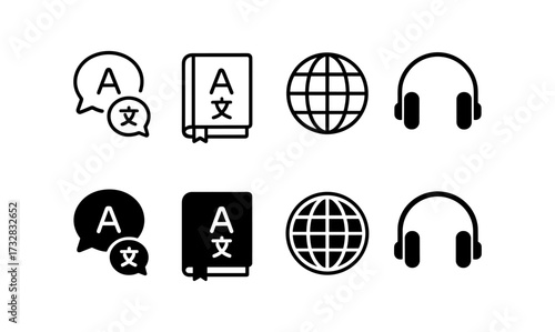 Language learning icons set: speech bubble, book, globe, headphones in minimalist style