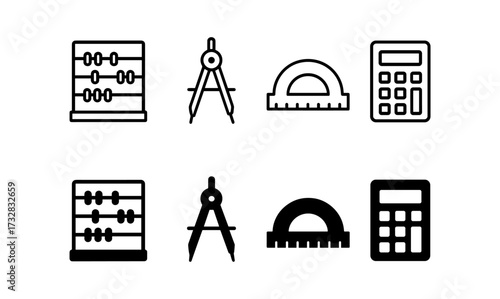Set of linear icons: abacus, compass, protractor, calculator for education and design