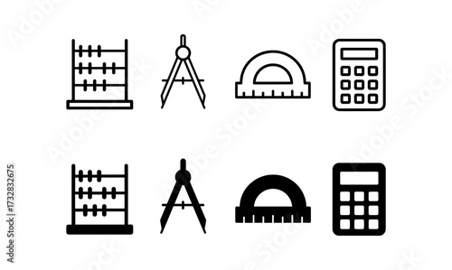 Minimalist math tools outline: abacus, compass, protractor, and calculator icons set