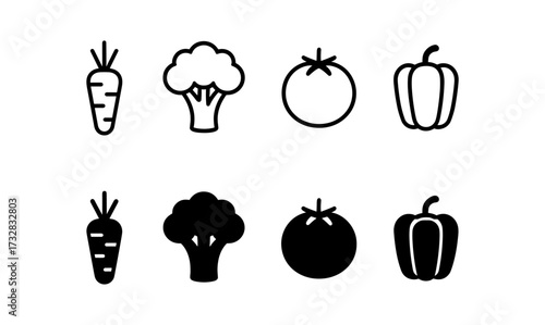 Minimalist vegetable icons set featuring carrot, tomato, bell pepper, and broccoli in outline and solid styles