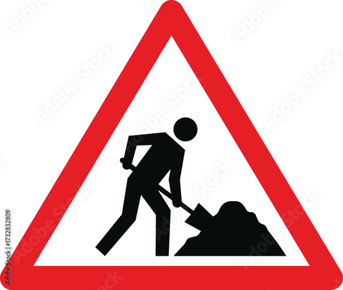 Vector art of a road works sign with a silhouette of a man digging. EPS-10.