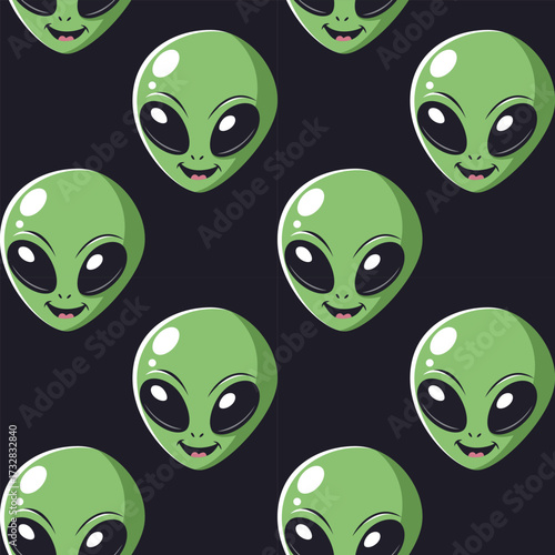 Seamless repeating pattern of cartoon-style green alien faces with big black eyes on a dark background. Perfect for textiles, wallpapers, wrapping paper, digital backgrounds, and sci-fi themed designs