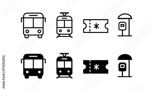 Minimalist transport icons: bus, tram, ticket, and stop in flat style