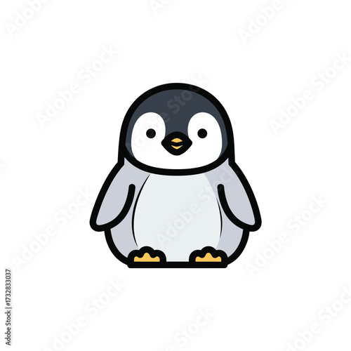 Adorable cartoon penguin character with cute eyes and orange feet isolated on white background