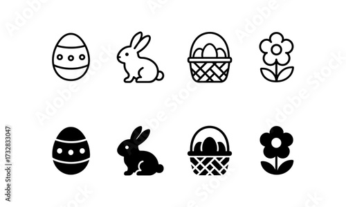 Minimalist easter icons: eggs, bunnies, baskets, and flowers