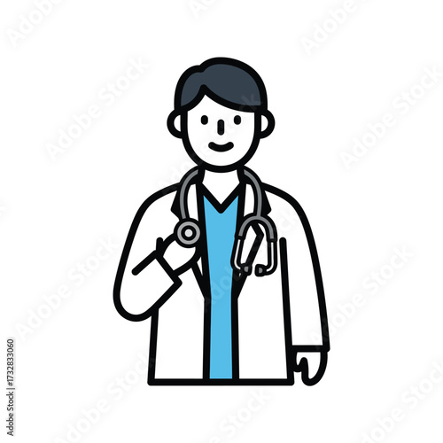 Friendly cartoon medical professional wearing a white coat and stethoscope isolated on white background