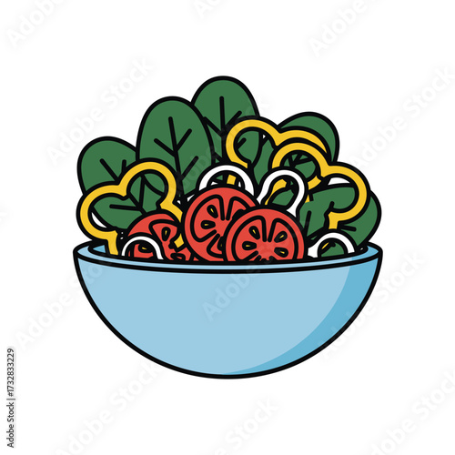 A vibrant bowl of fresh salad with spinach tomatoes yellow peppers and onions isolated on white background