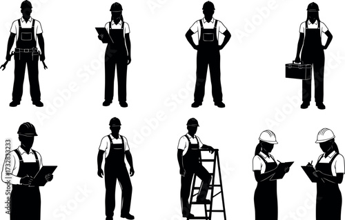 Construction workers in safety gear performing various tasks with tools, clipboards, and ladders in industrial site vector silhouette set