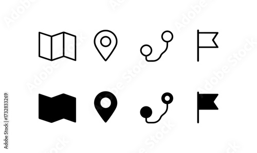Minimalist navigation icons: map, pin, route, and flag in linear and solid styles
